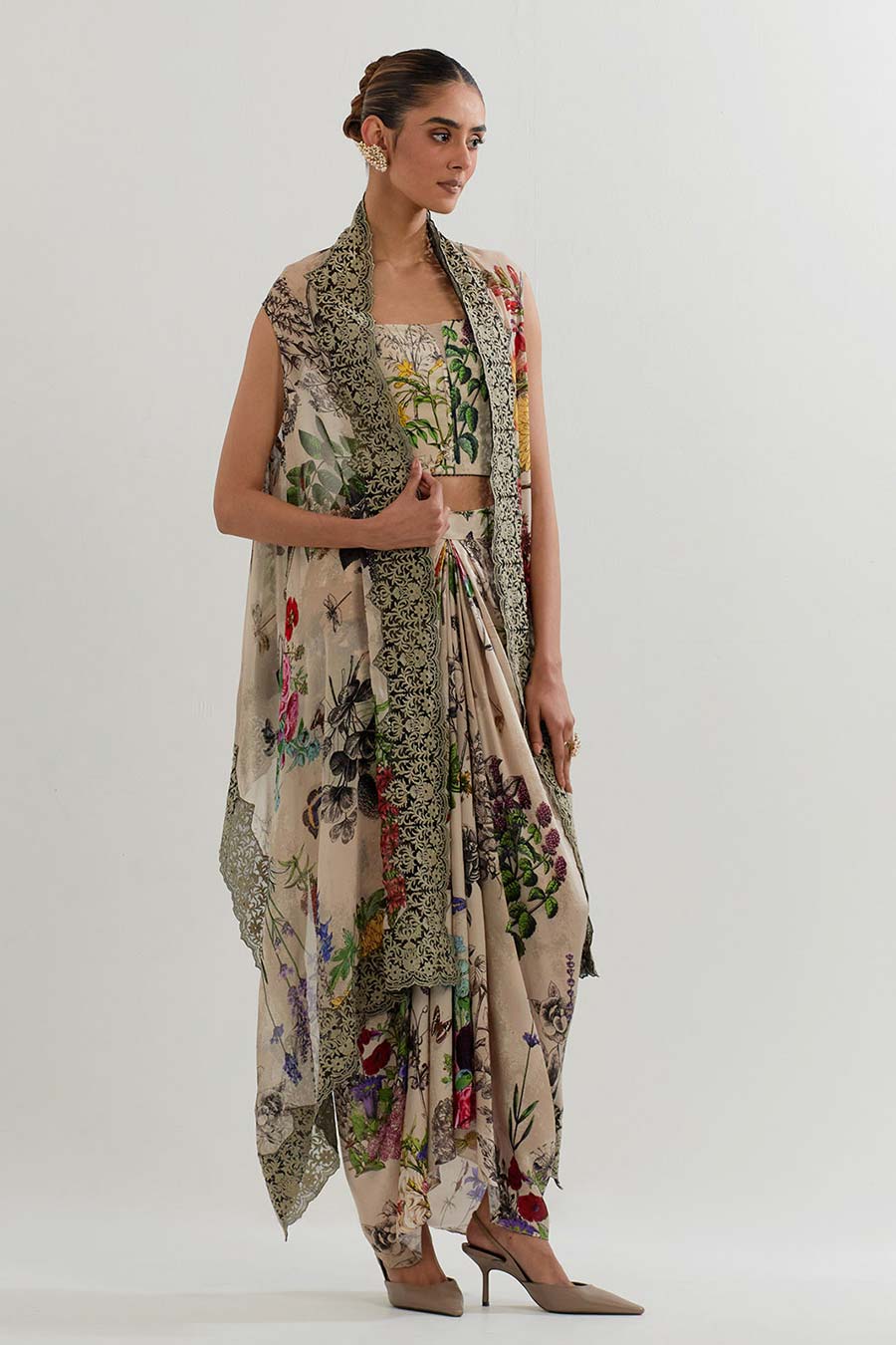 Botanical Printed Drape Skirt Set With Cape