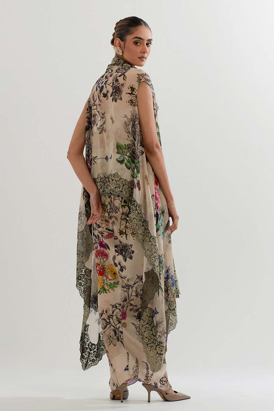 Botanical Printed Drape Skirt Set With Cape