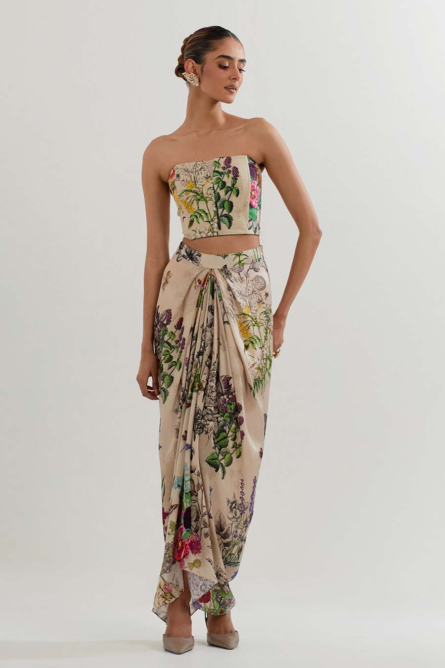 Botanical Printed Drape Skirt Set With Cape