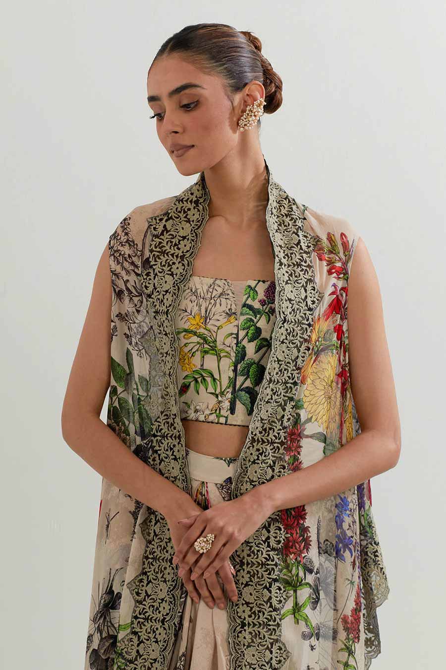 Botanical Printed Drape Skirt Set With Cape