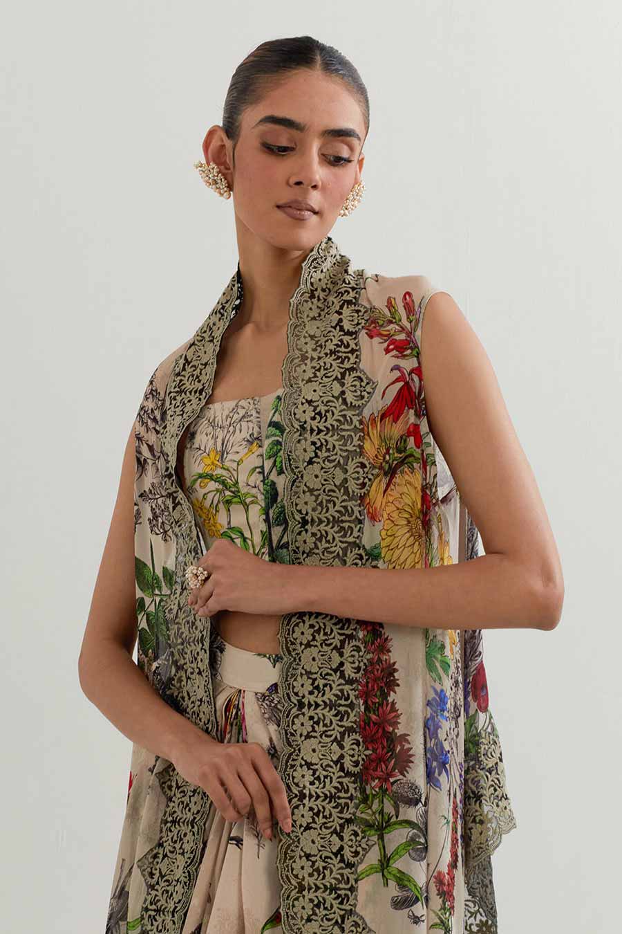 Botanical Printed Drape Skirt Set With Cape