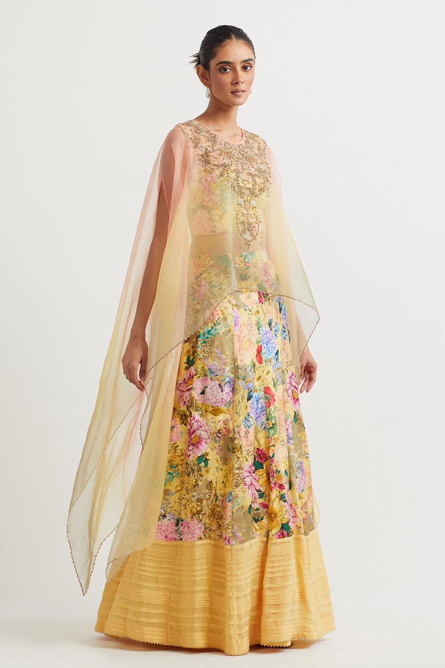 Yellow Printed Skirt Set With Embroidered Cape