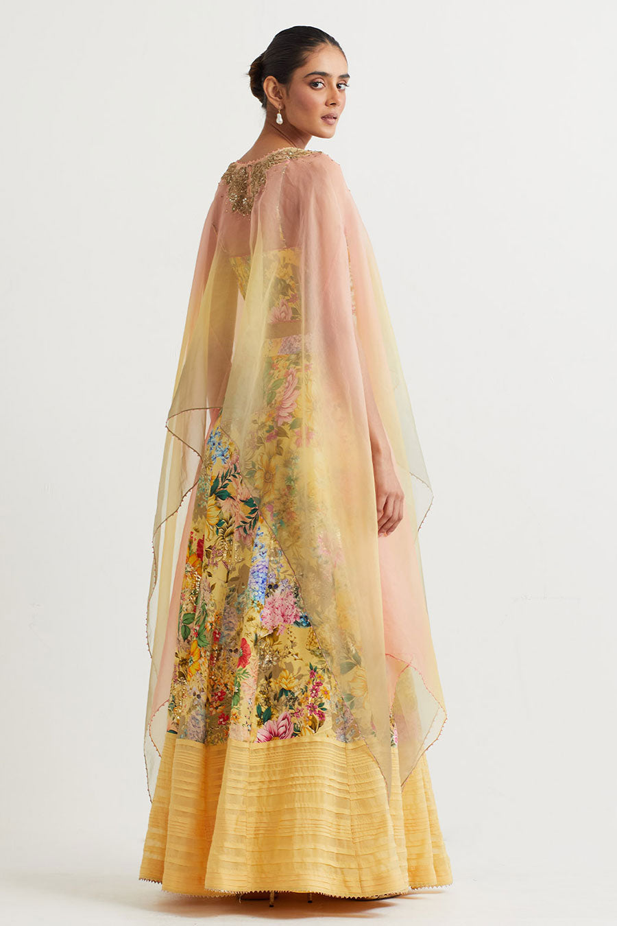 Yellow Printed Skirt Set With Embroidered Cape