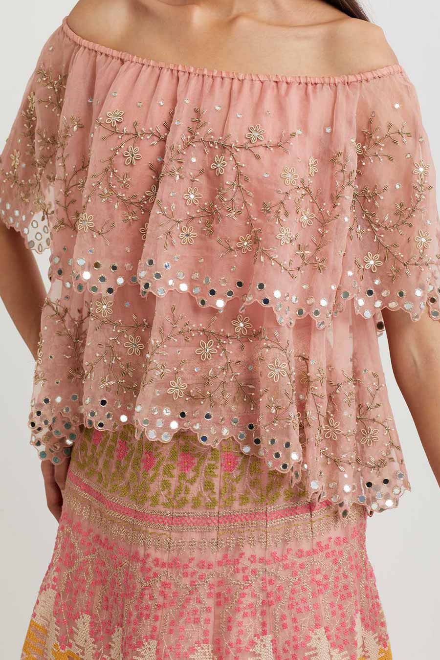 Pink Embroidered Cape & Cross Stitch Skirt Set