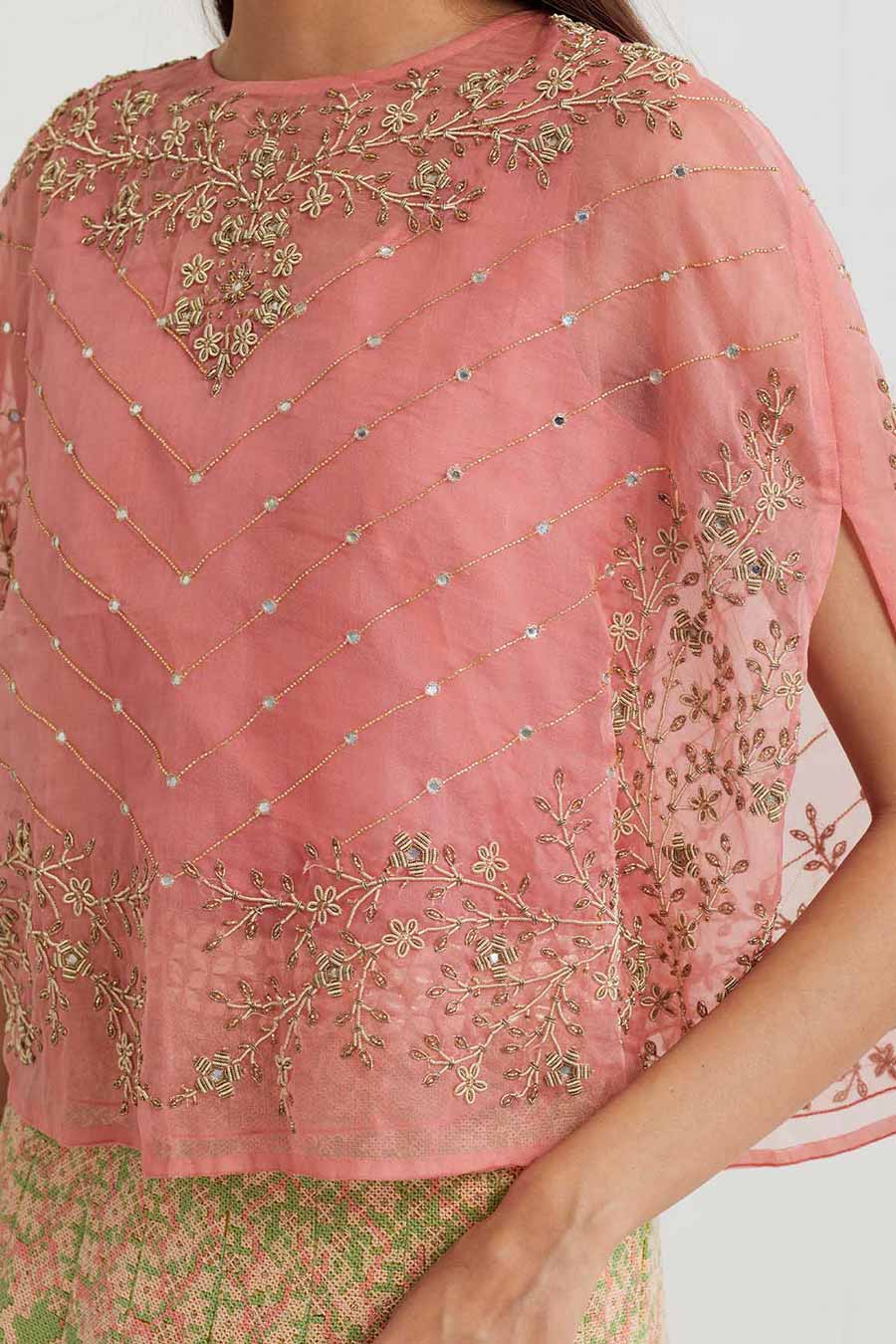 Pink Embroidered Cape & Cross Stitch Skirt Set