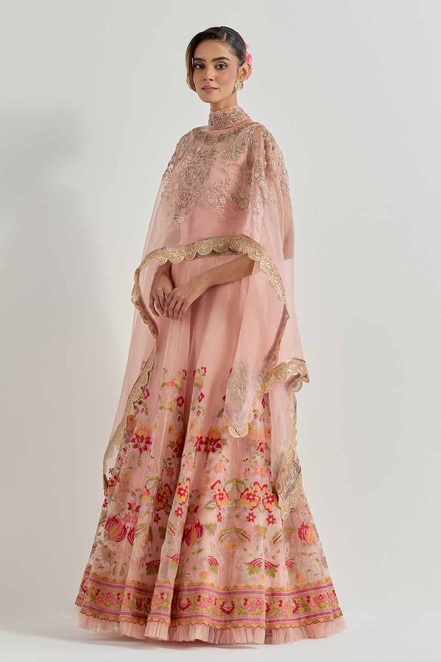 Raeth Pink Embroidered Cape & Lehenga Set