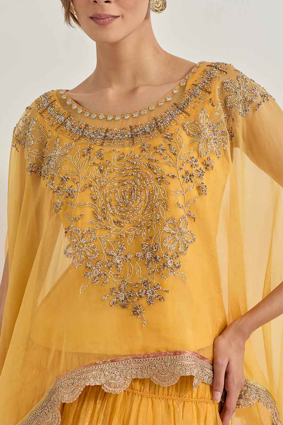 Raeth Yellow Organza Embroidered Cape & Ruffle Lehenga Set