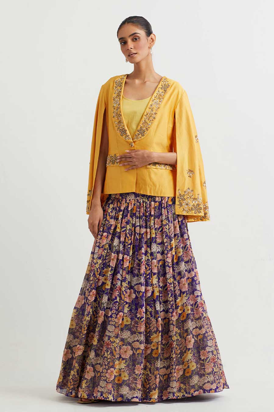 Yellow Embroidered Jacket & Purple Printed Skirt Set