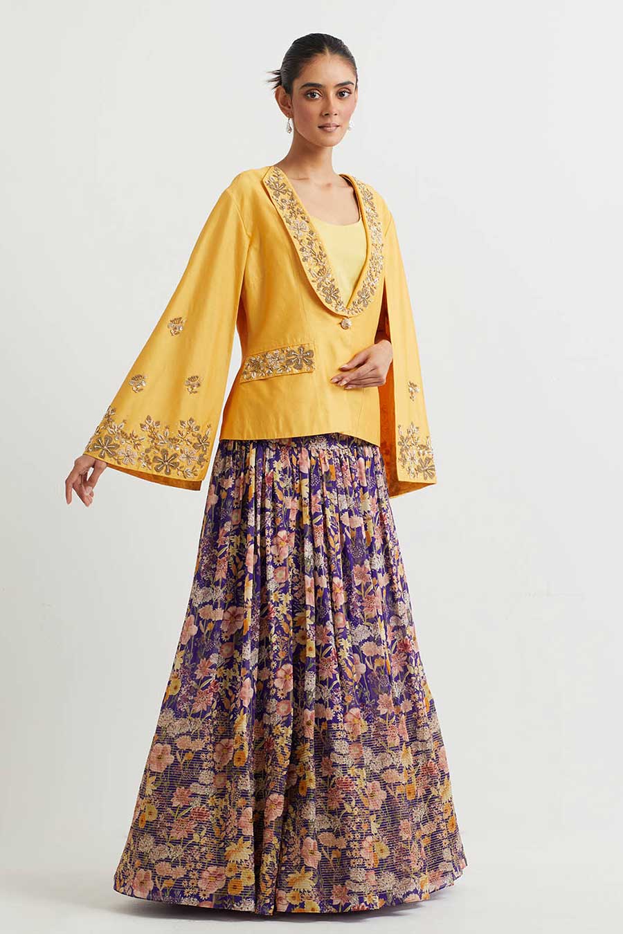 Yellow Embroidered Jacket & Purple Printed Skirt Set