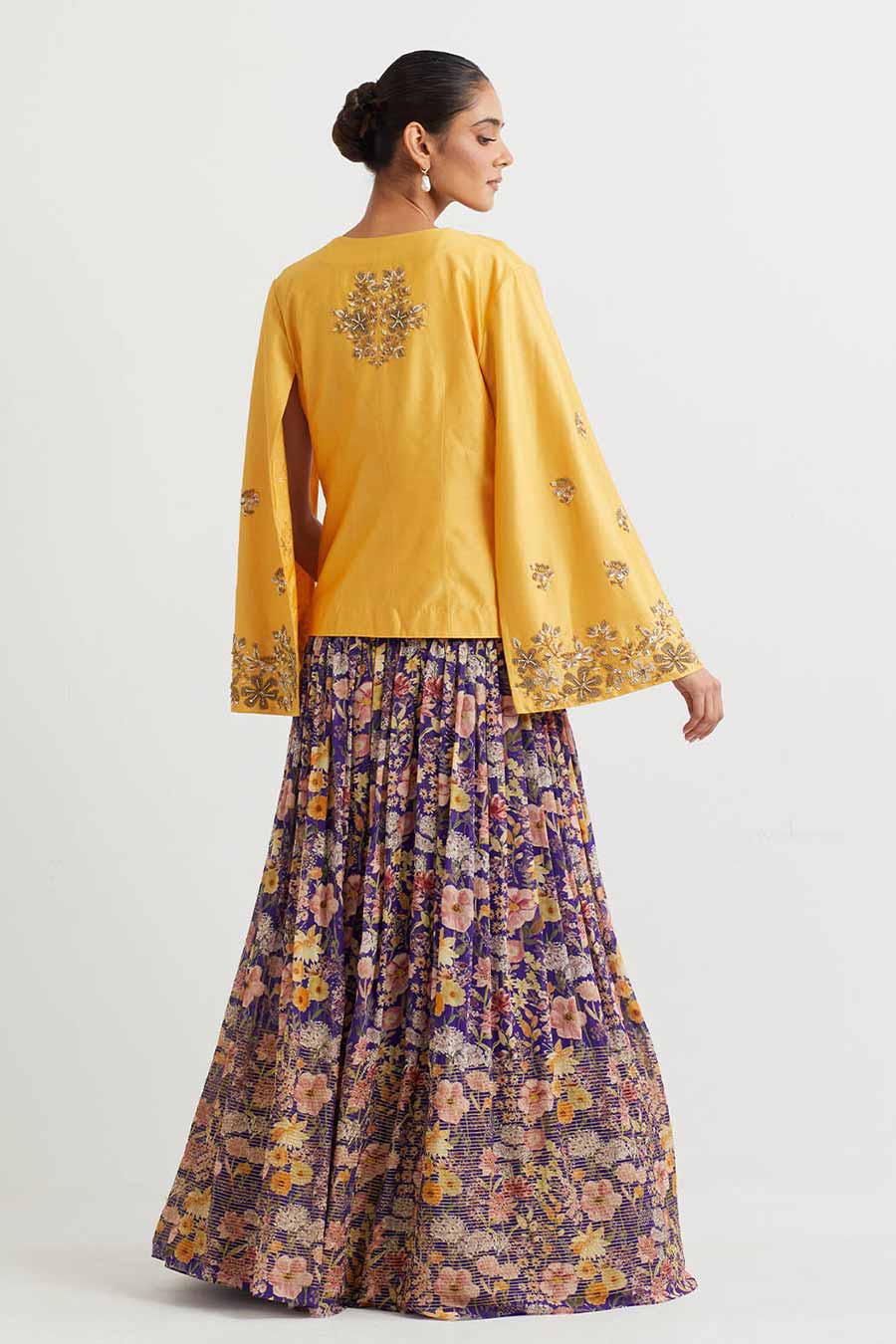 Yellow Embroidered Jacket & Purple Printed Skirt Set