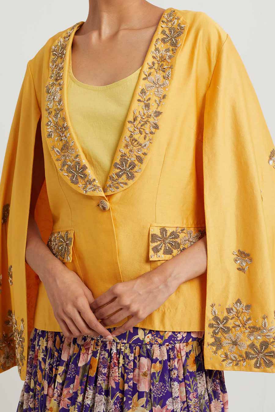 Yellow Embroidered Jacket & Purple Printed Skirt Set