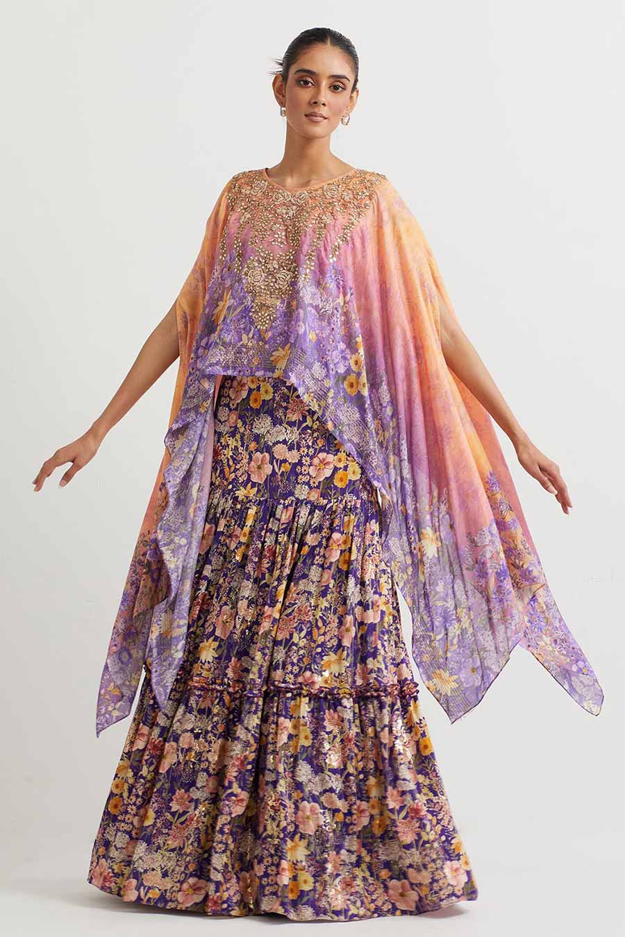 Purple Embroidered Cape & Printed Skirt Set