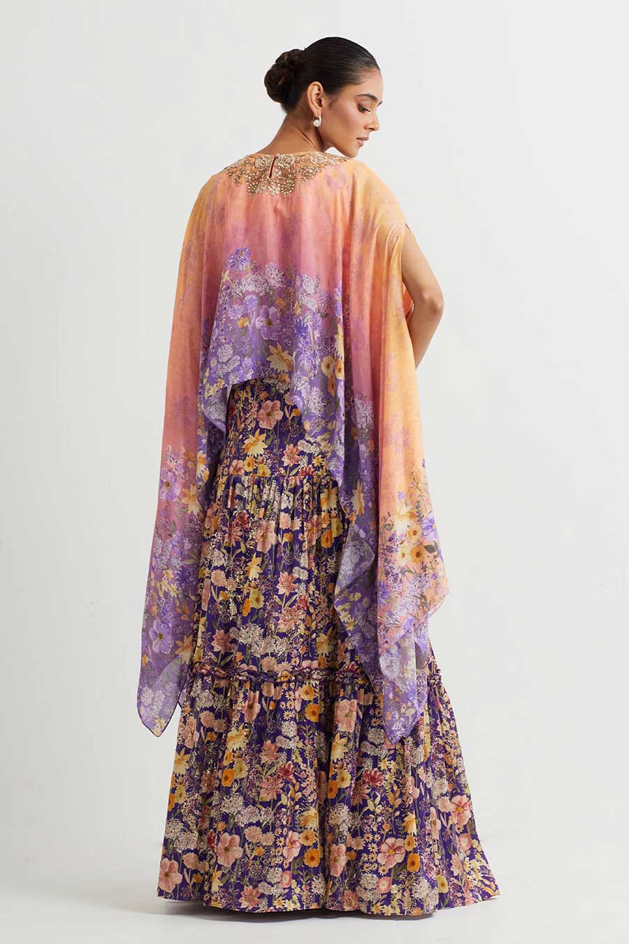 Purple Embroidered Cape & Printed Skirt Set