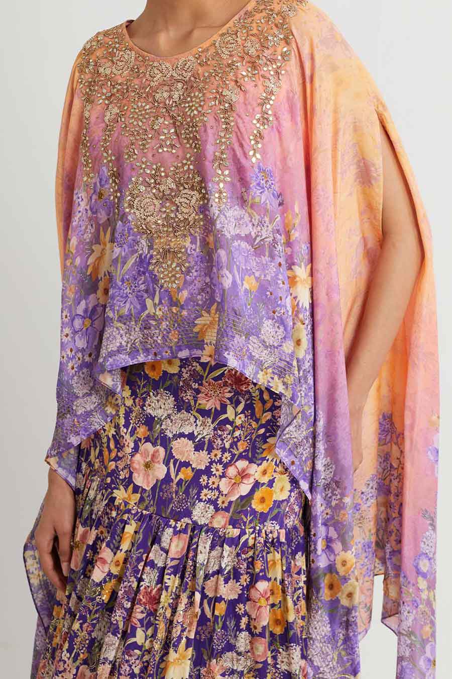 Purple Embroidered Cape & Printed Skirt Set