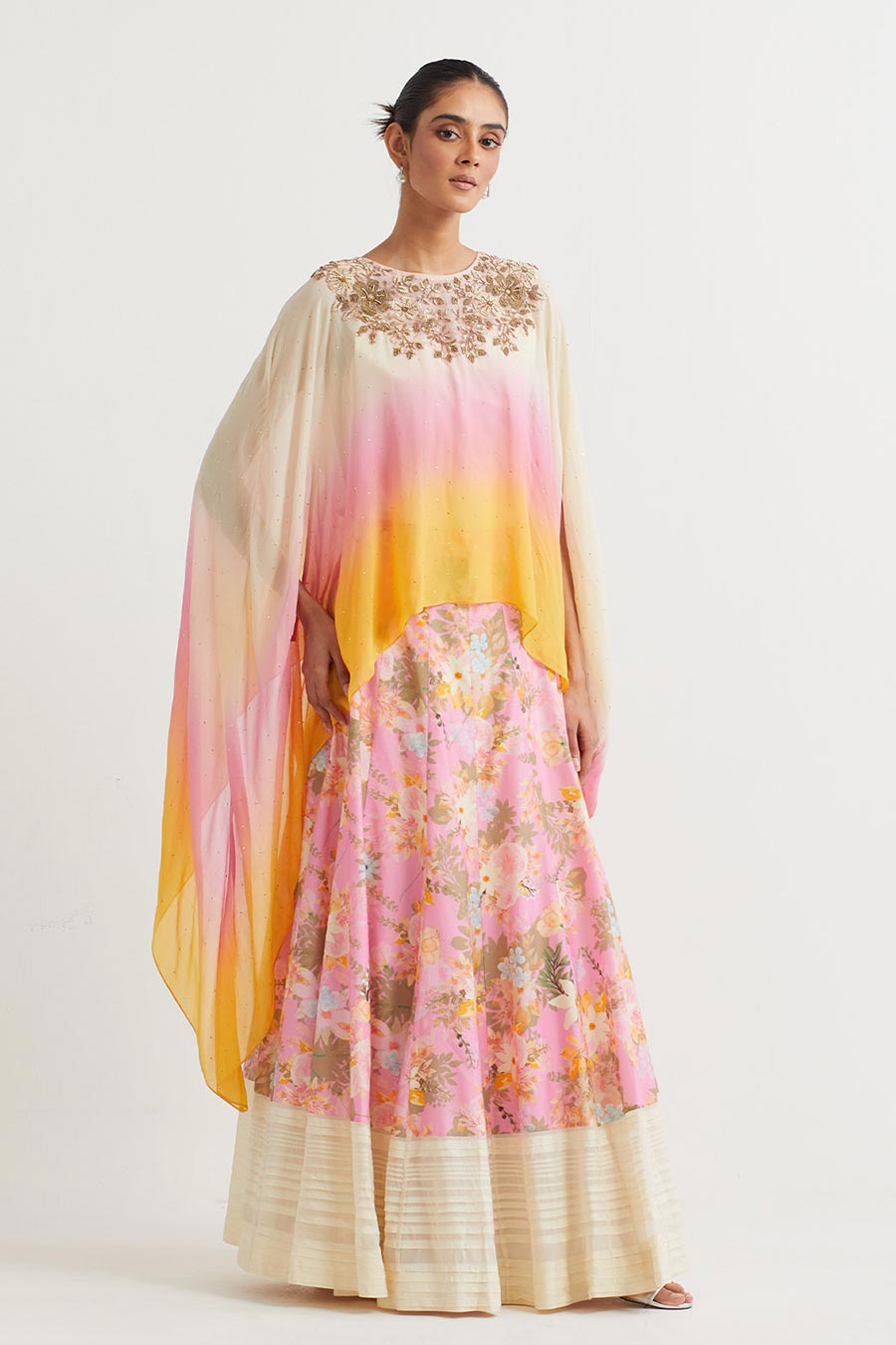 Pink Ombre Embroidered Cape & Printed Skirt Set