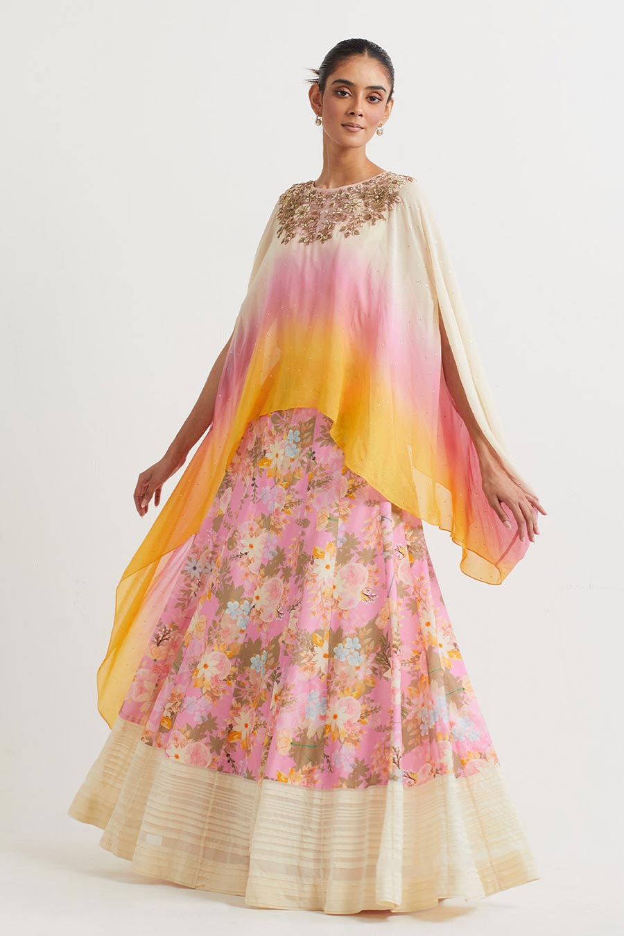 Pink Ombre Embroidered Cape & Printed Skirt Set