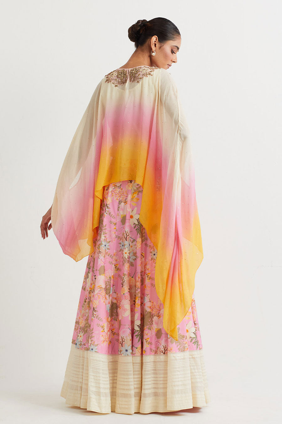 Pink Ombre Embroidered Cape & Printed Skirt Set