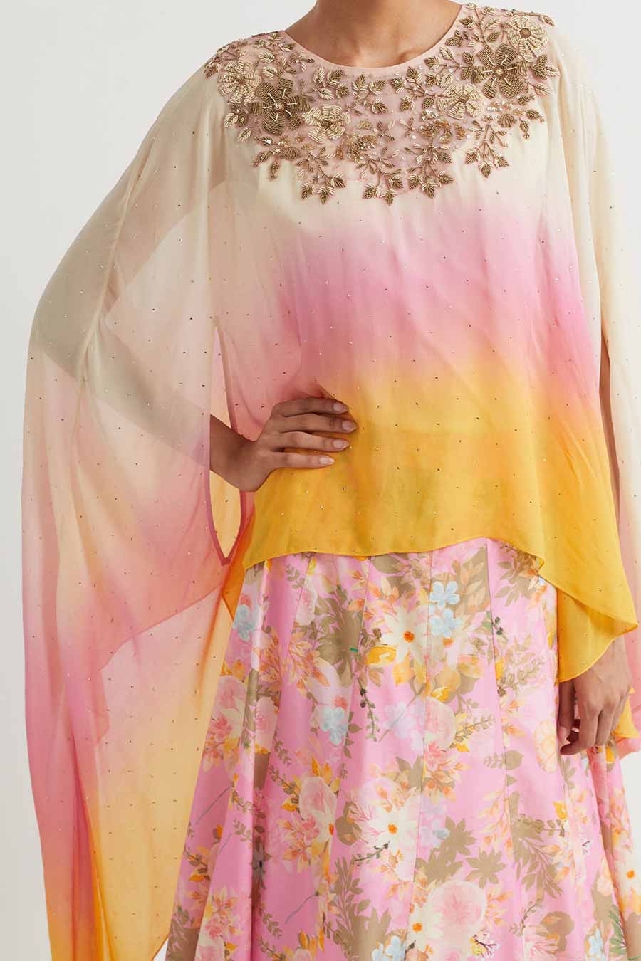 Pink Ombre Embroidered Cape & Printed Skirt Set