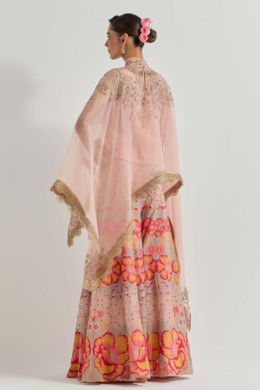 Raeth Pink Organza Embroidered Cape & Sharara Set