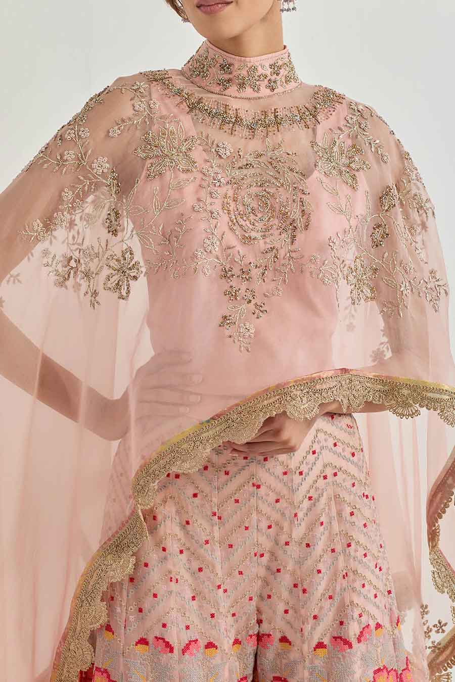 Raeth Pink Organza Embroidered Cape & Sharara Set