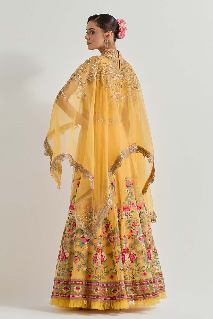 Raeth Yellow Organza Embroidered Cape & Lehenga Set