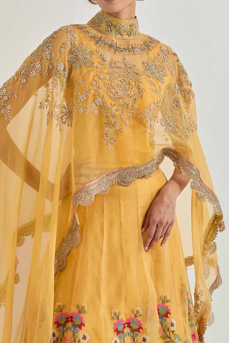 Raeth Yellow Organza Embroidered Cape & Lehenga Set