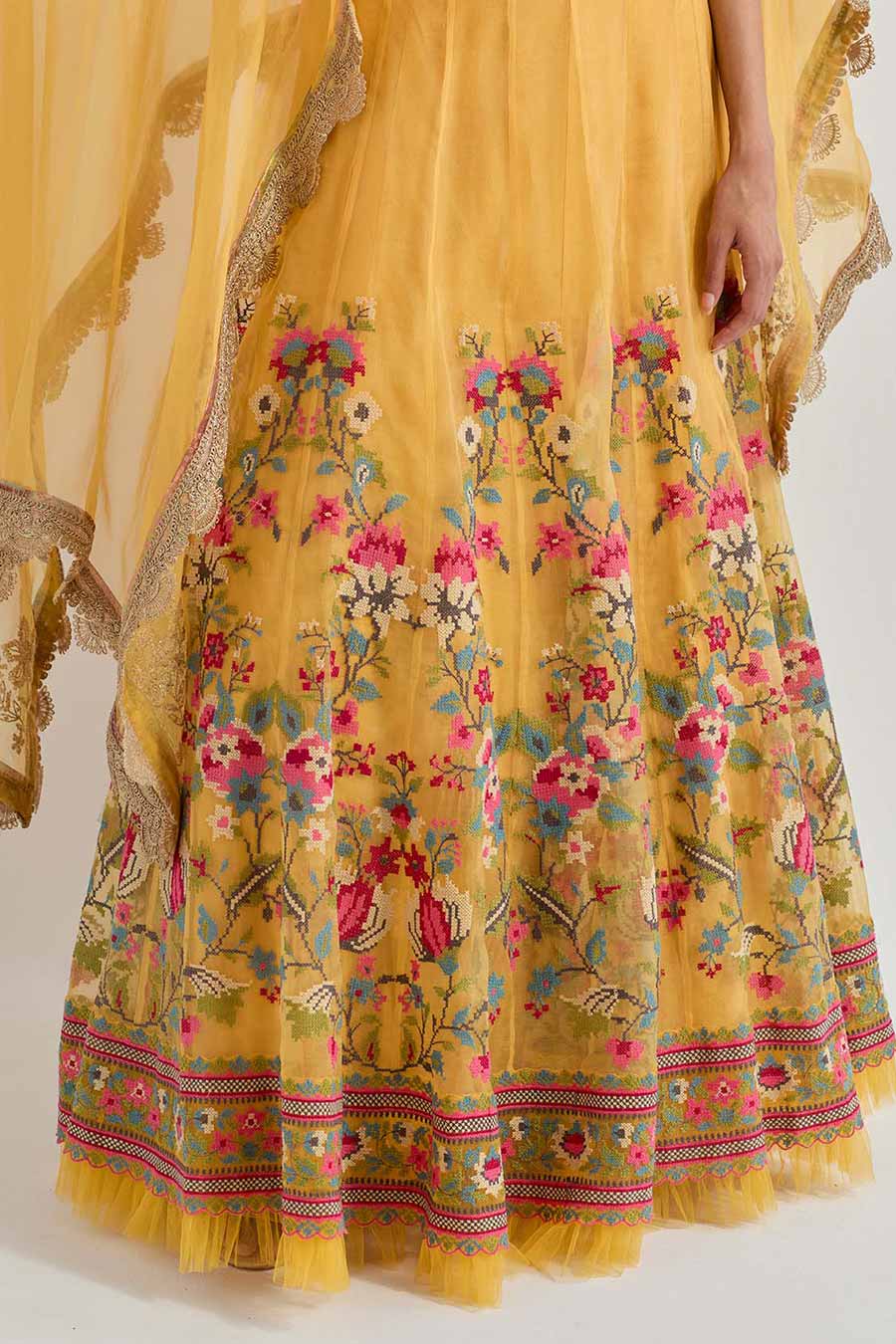 Raeth Yellow Organza Embroidered Cape & Lehenga Set