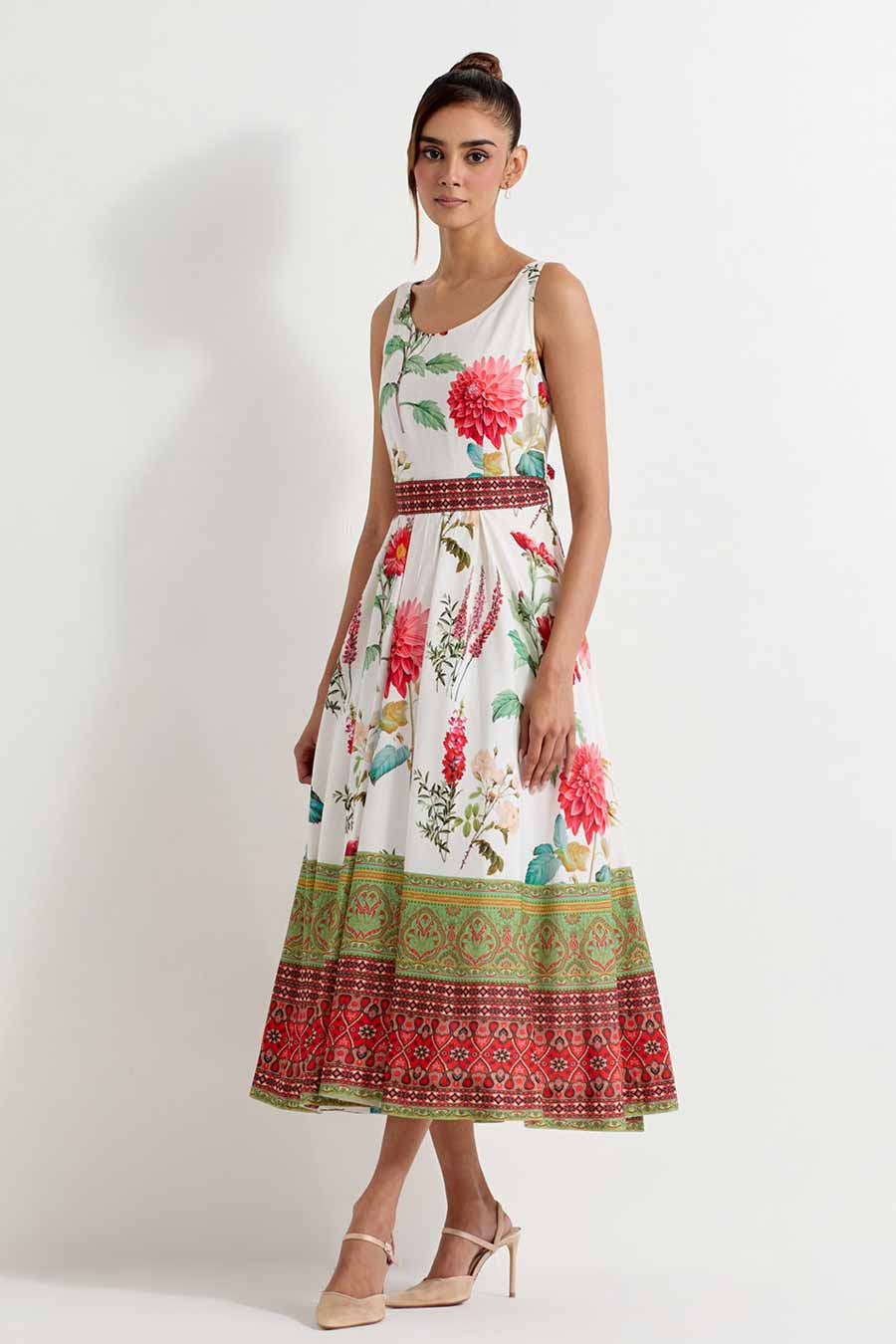 Daisy Printed Flared Midi Dress With Belt