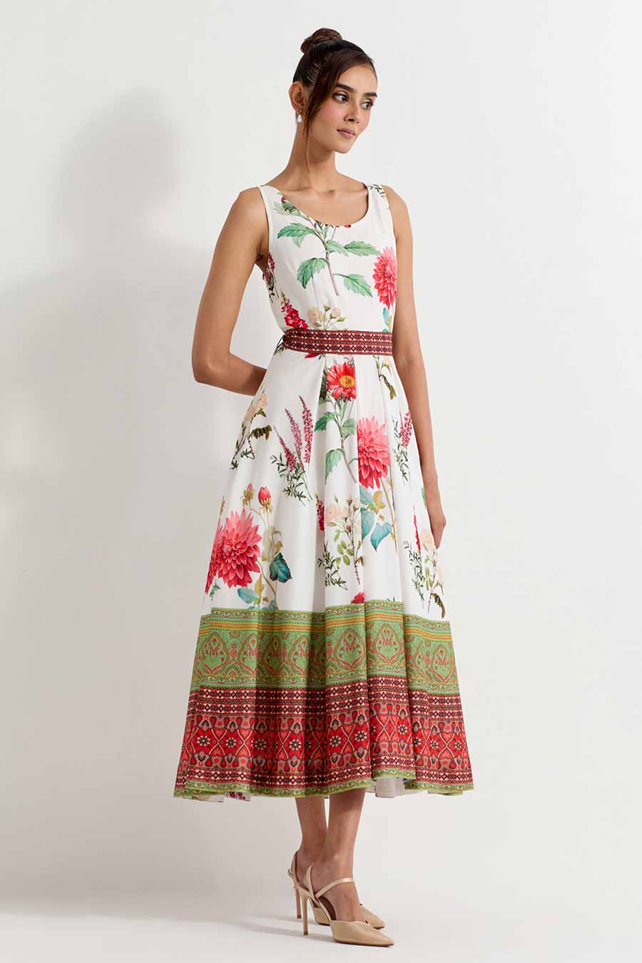 Daisy Printed Flared Midi Dress With Belt