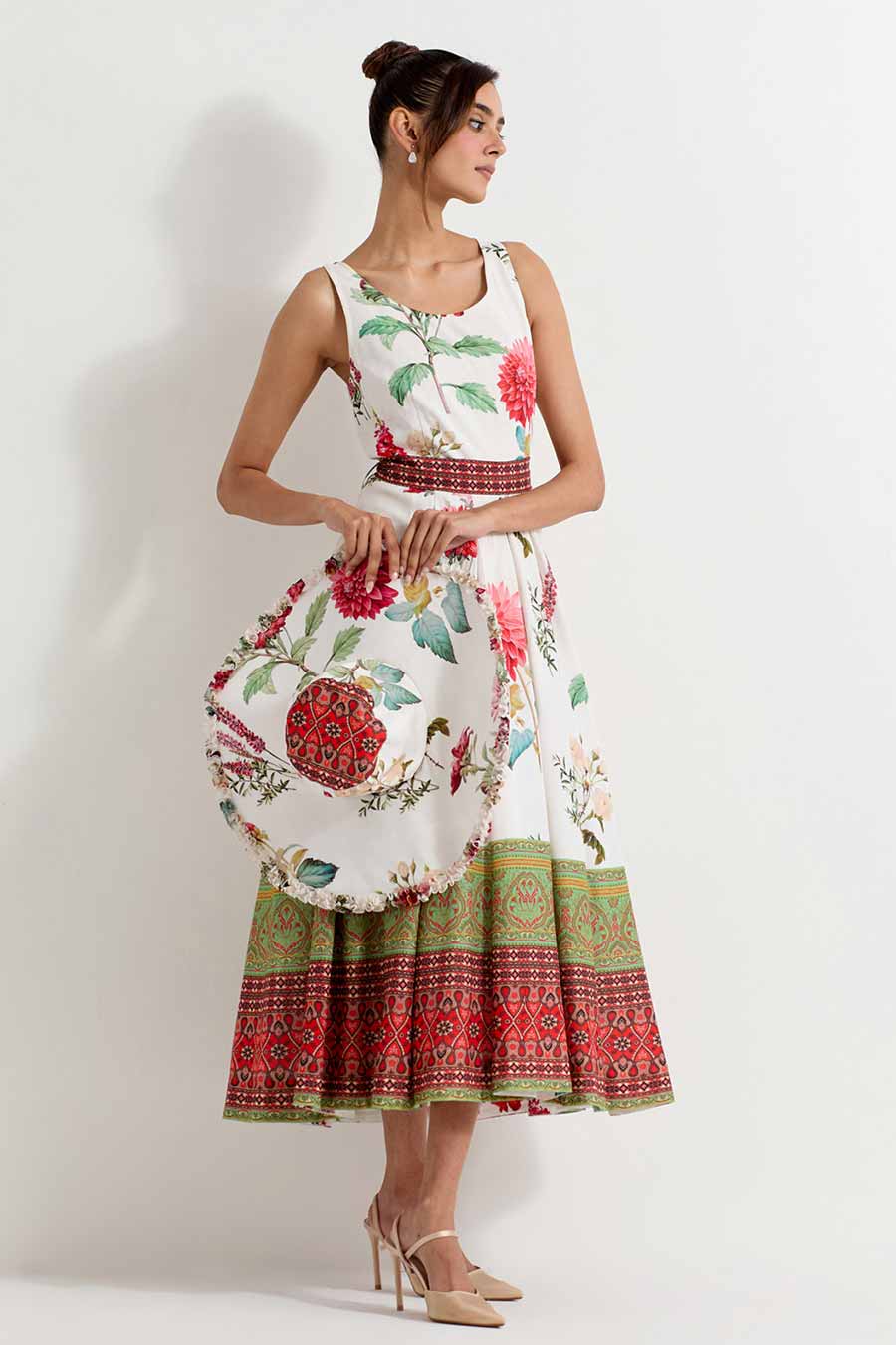 Daisy Printed Flared Midi Dress With Belt