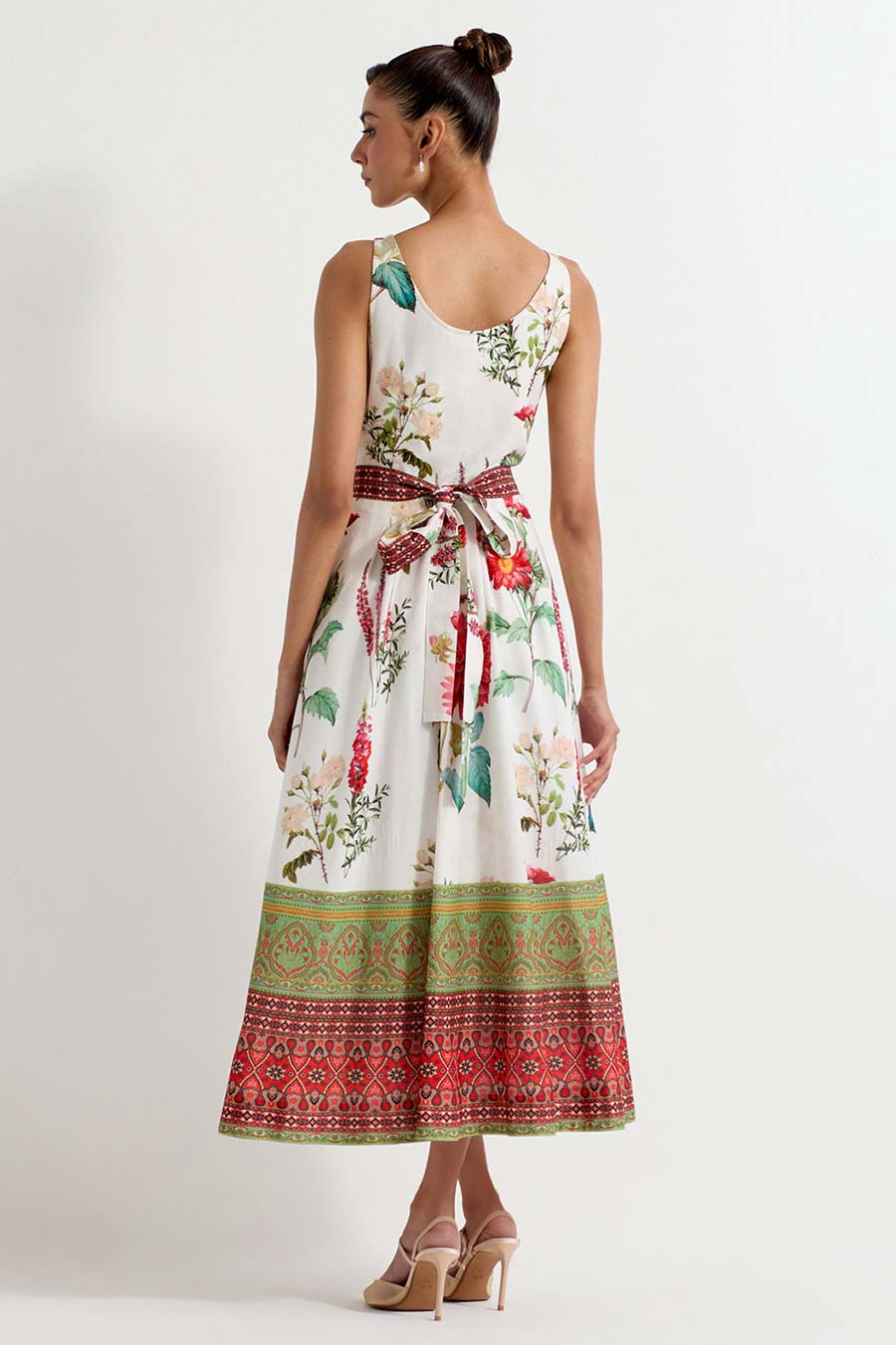 Daisy Printed Flared Midi Dress With Belt