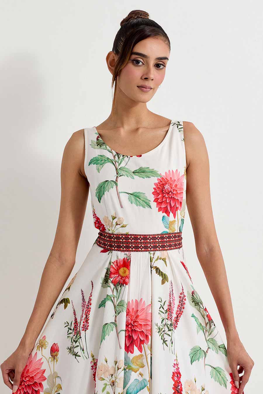 Daisy Printed Flared Midi Dress With Belt