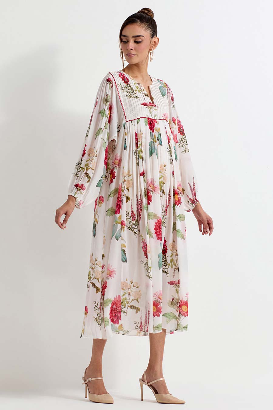 Daisy Printed Crepe Pleated Midi Dress