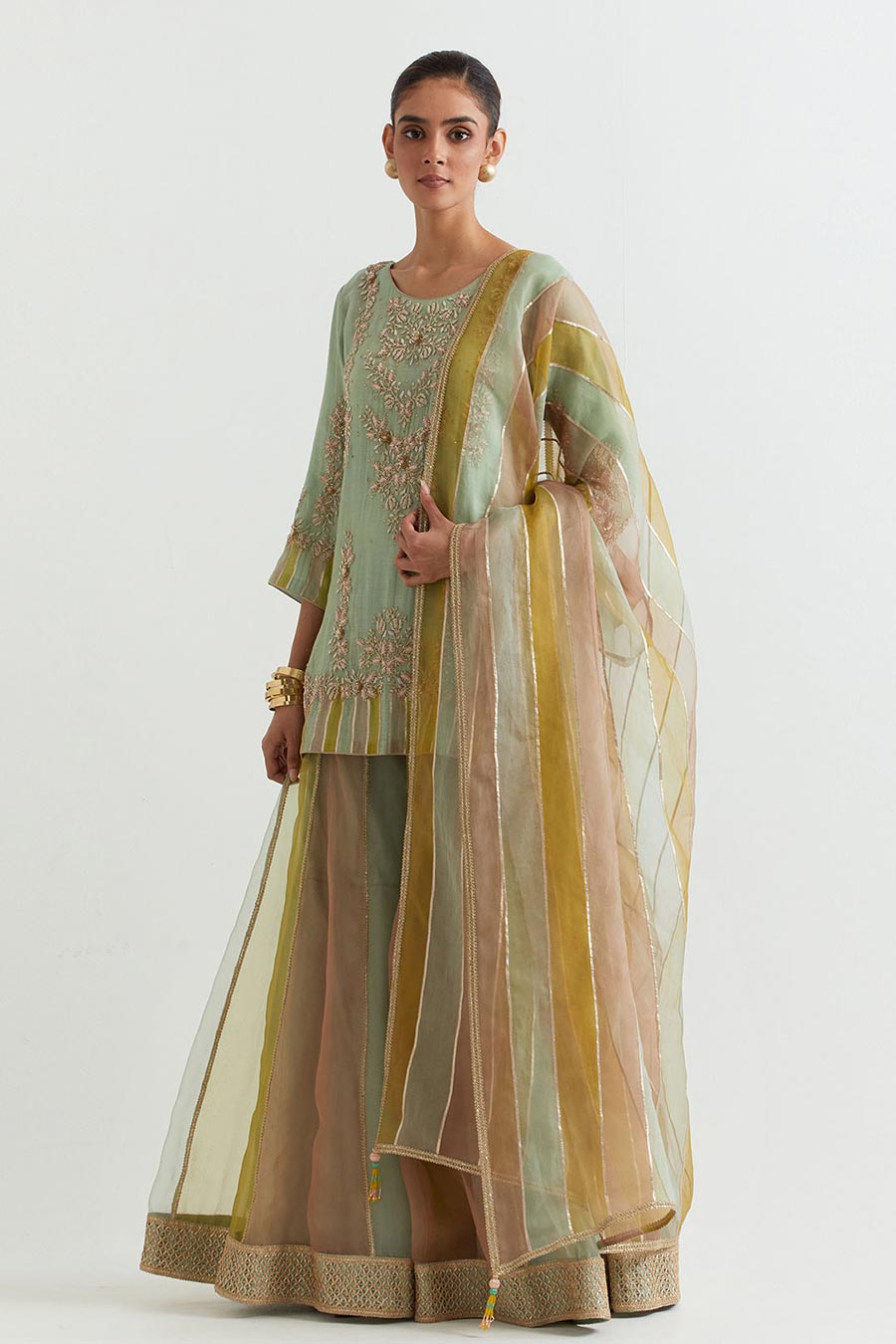 Sage Green Chevron Embroidered Sharara Set