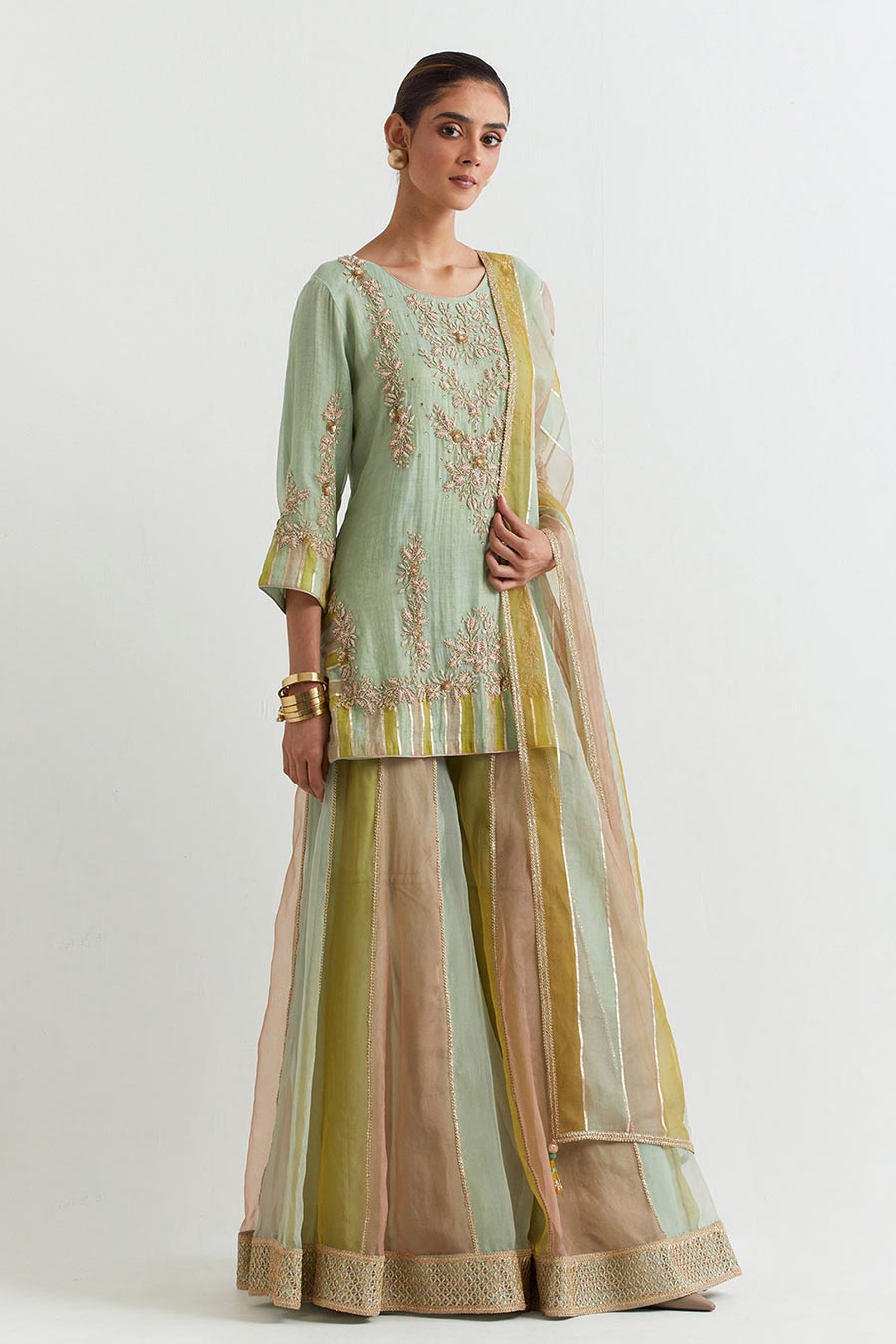 Sage Green Chevron Embroidered Sharara Set