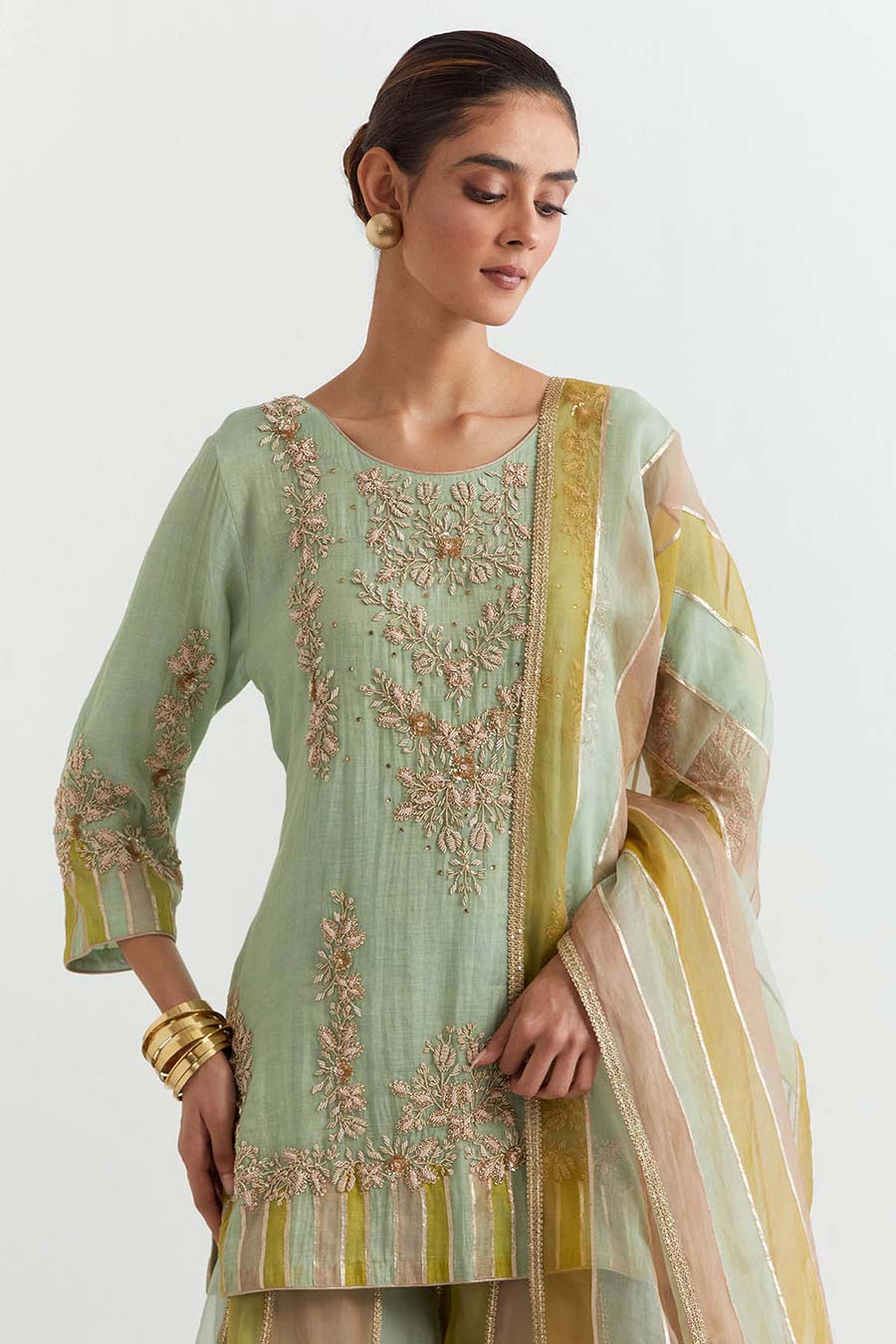 Sage Green Chevron Embroidered Sharara Set