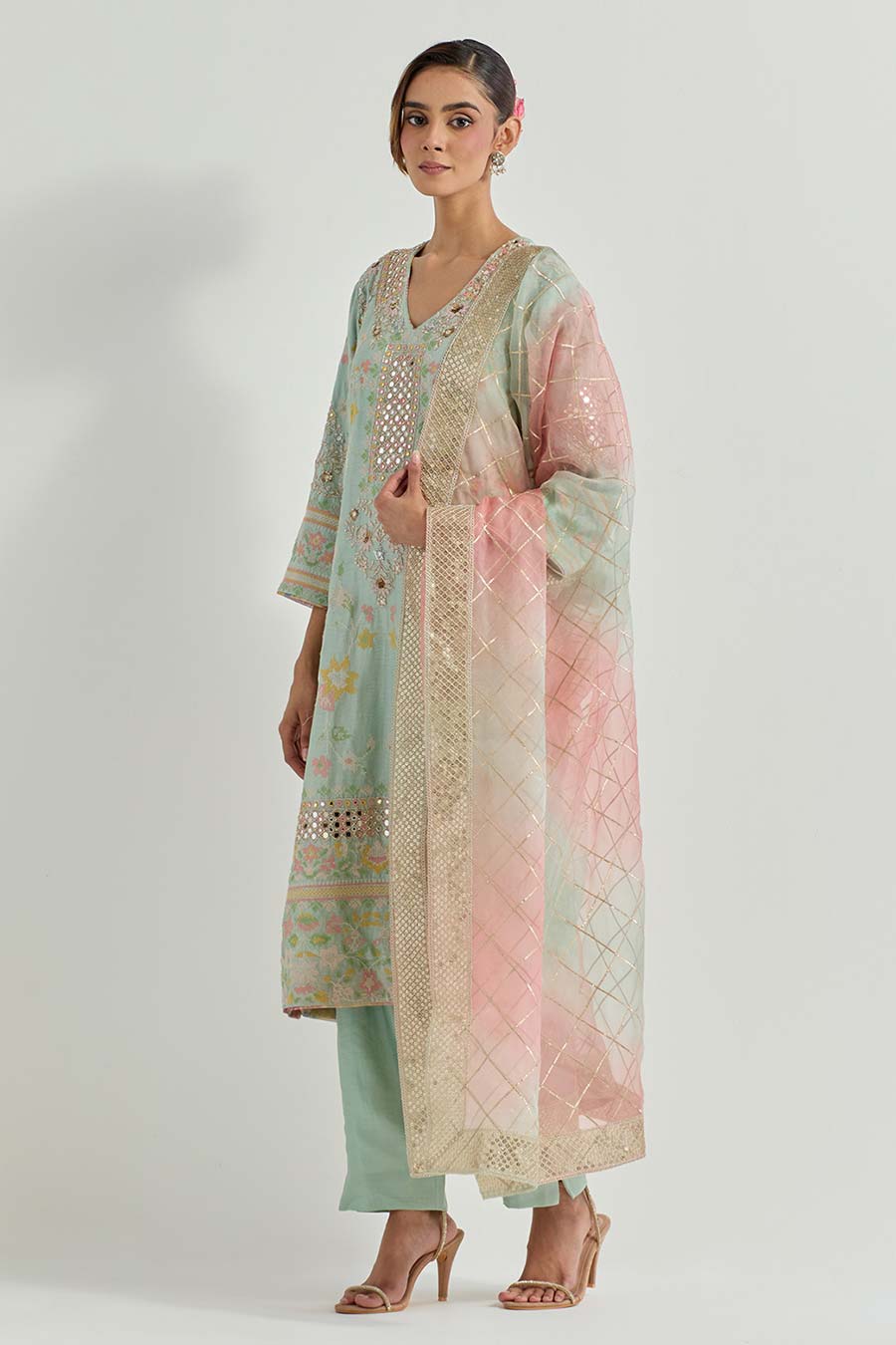 Raeth Sage Green Chanderi Embellished Kurta Set