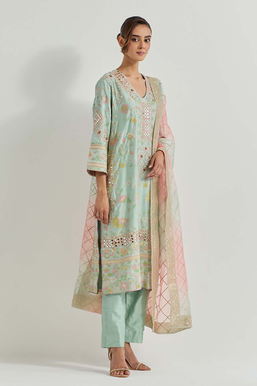 Raeth Sage Green Chanderi Embellished Kurta Set