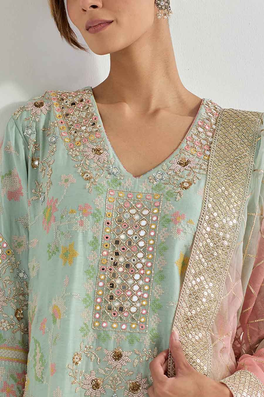 Raeth Sage Green Chanderi Embellished Kurta Set