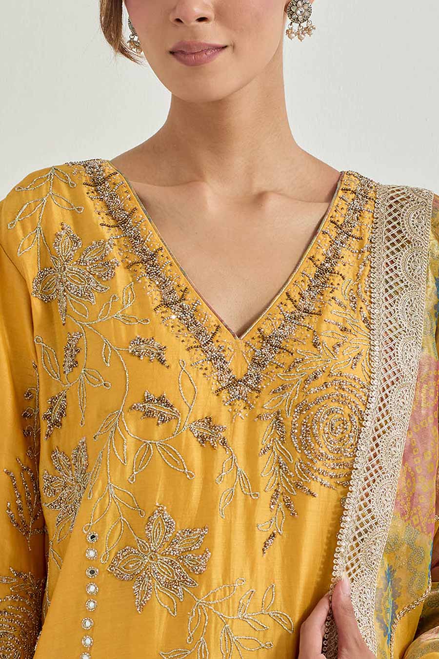 Raeth Yellow Chanderi Embellished Kurta Set