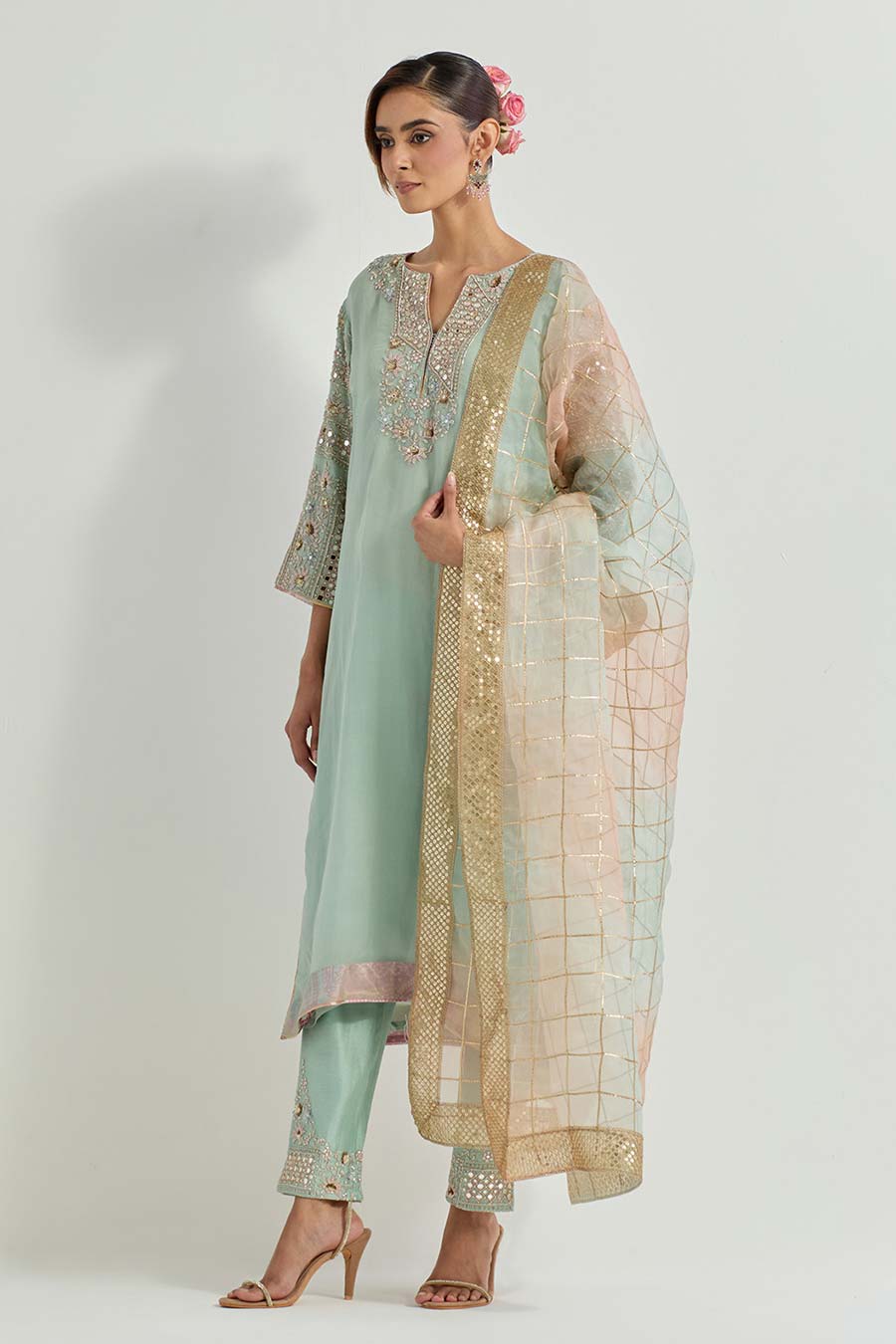 Raeth Sage Green Organza Embellished Kurta Set