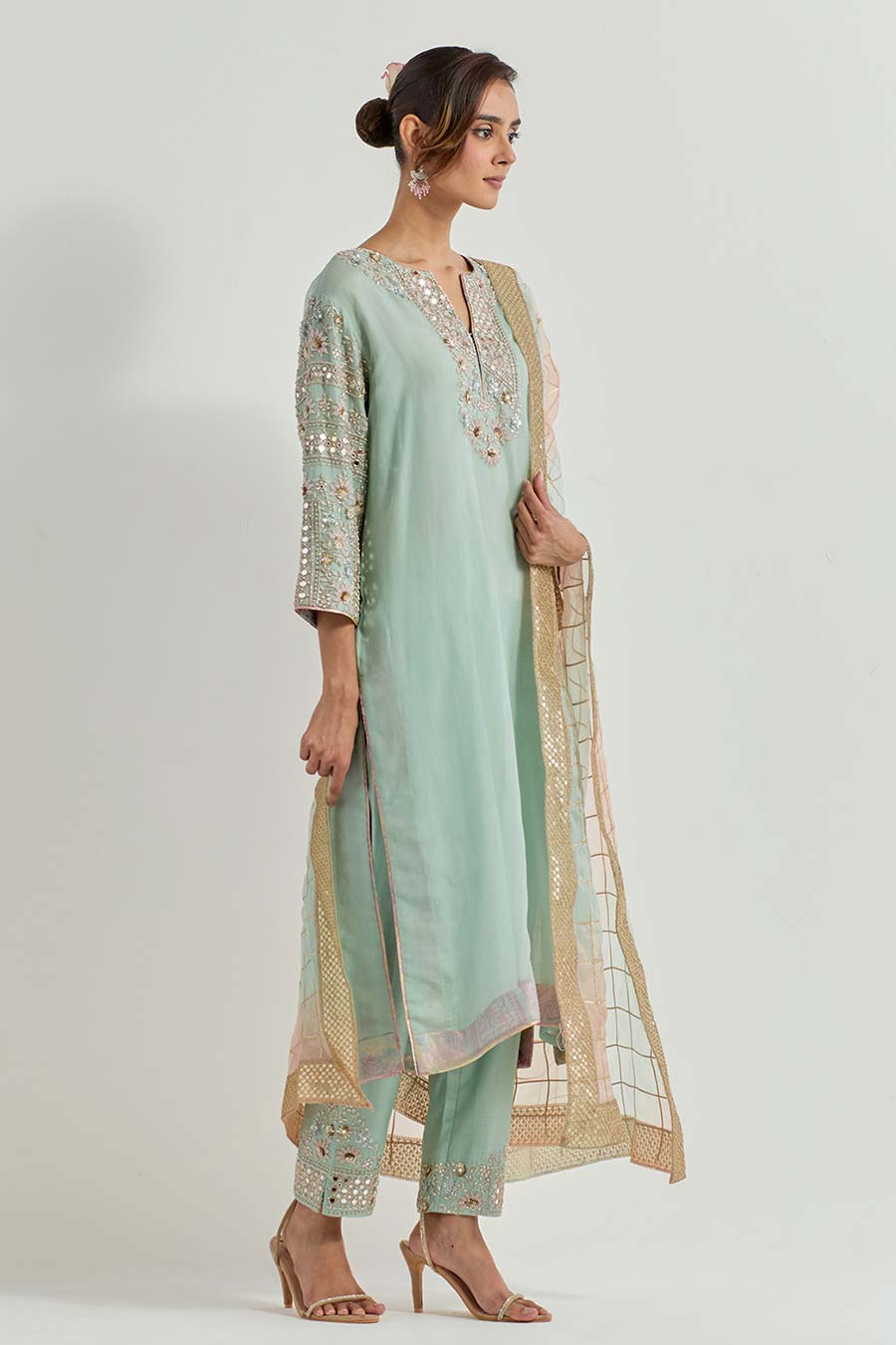 Raeth Sage Green Organza Embellished Kurta Set