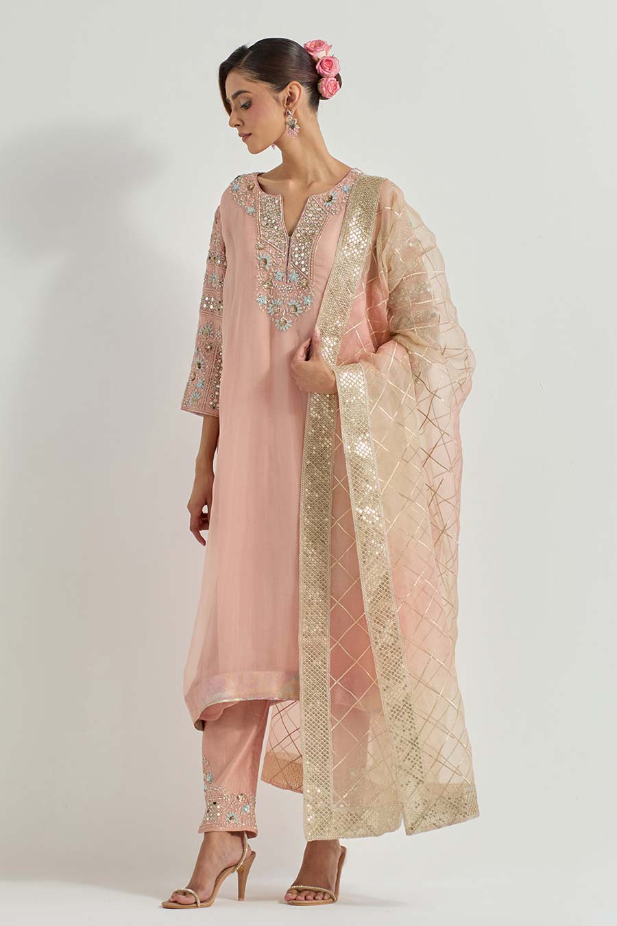 Raeth Pink Organza Embellished Kurta Set