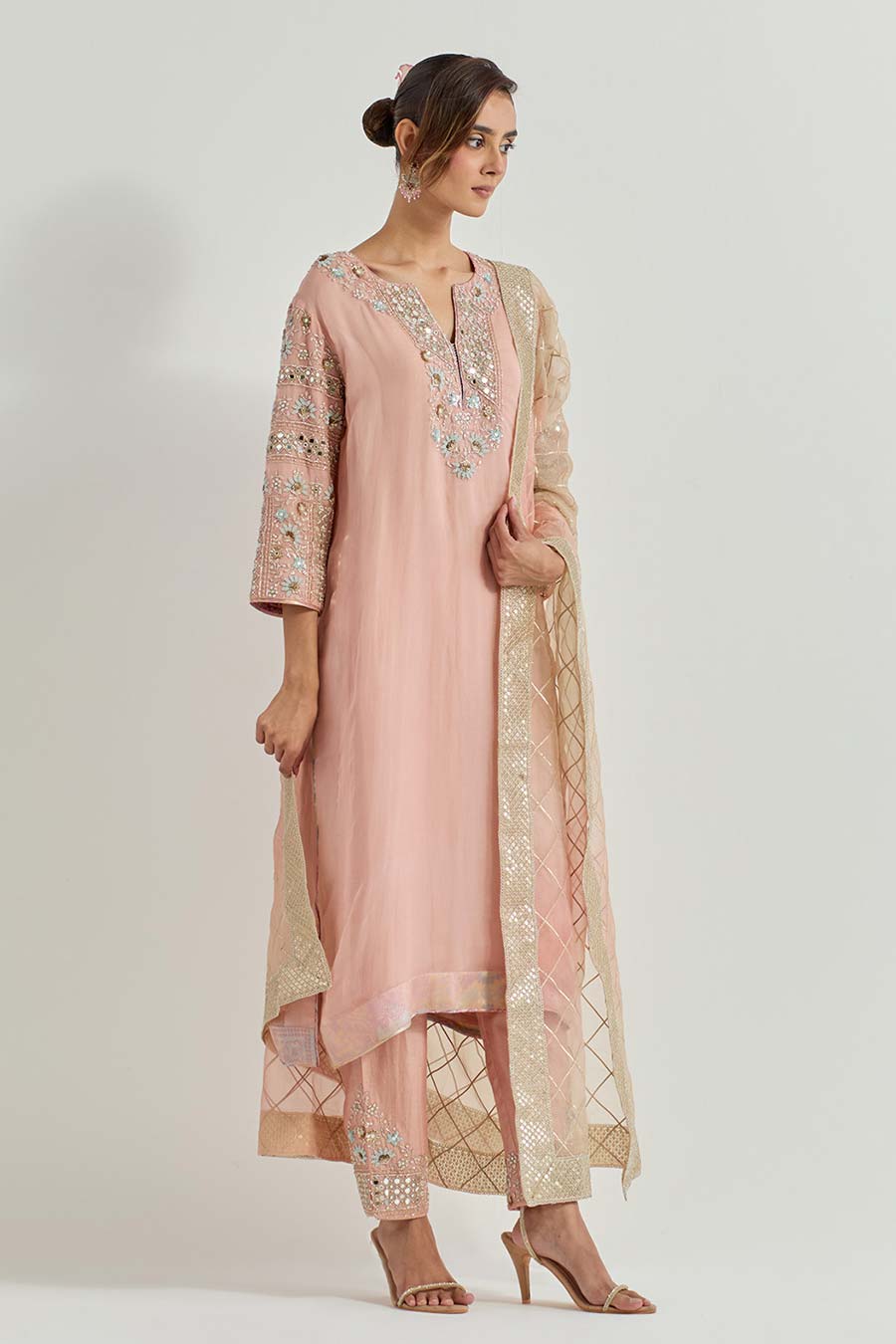 Raeth Pink Organza Embellished Kurta Set