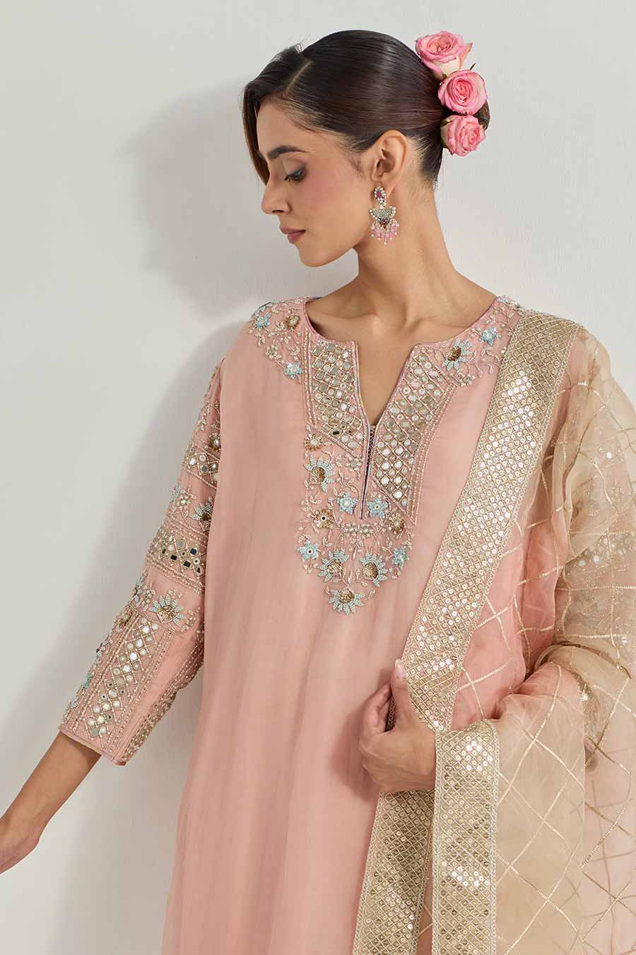 Raeth Pink Organza Embellished Kurta Set