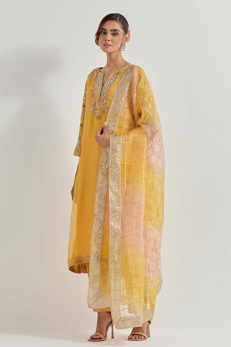 Raeth Yellow Organza Embellished Kurta Set