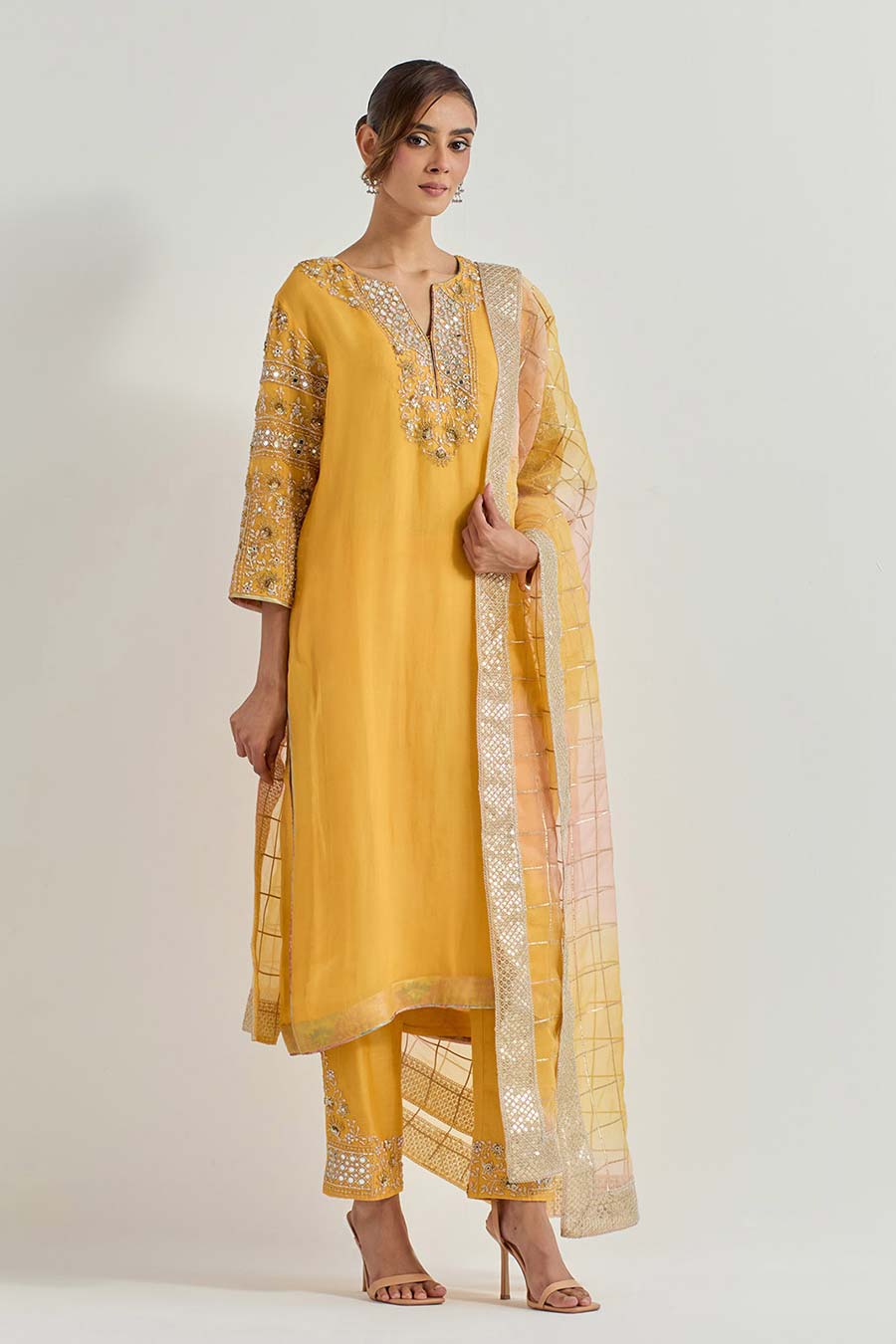 Raeth Yellow Organza Embellished Kurta Set