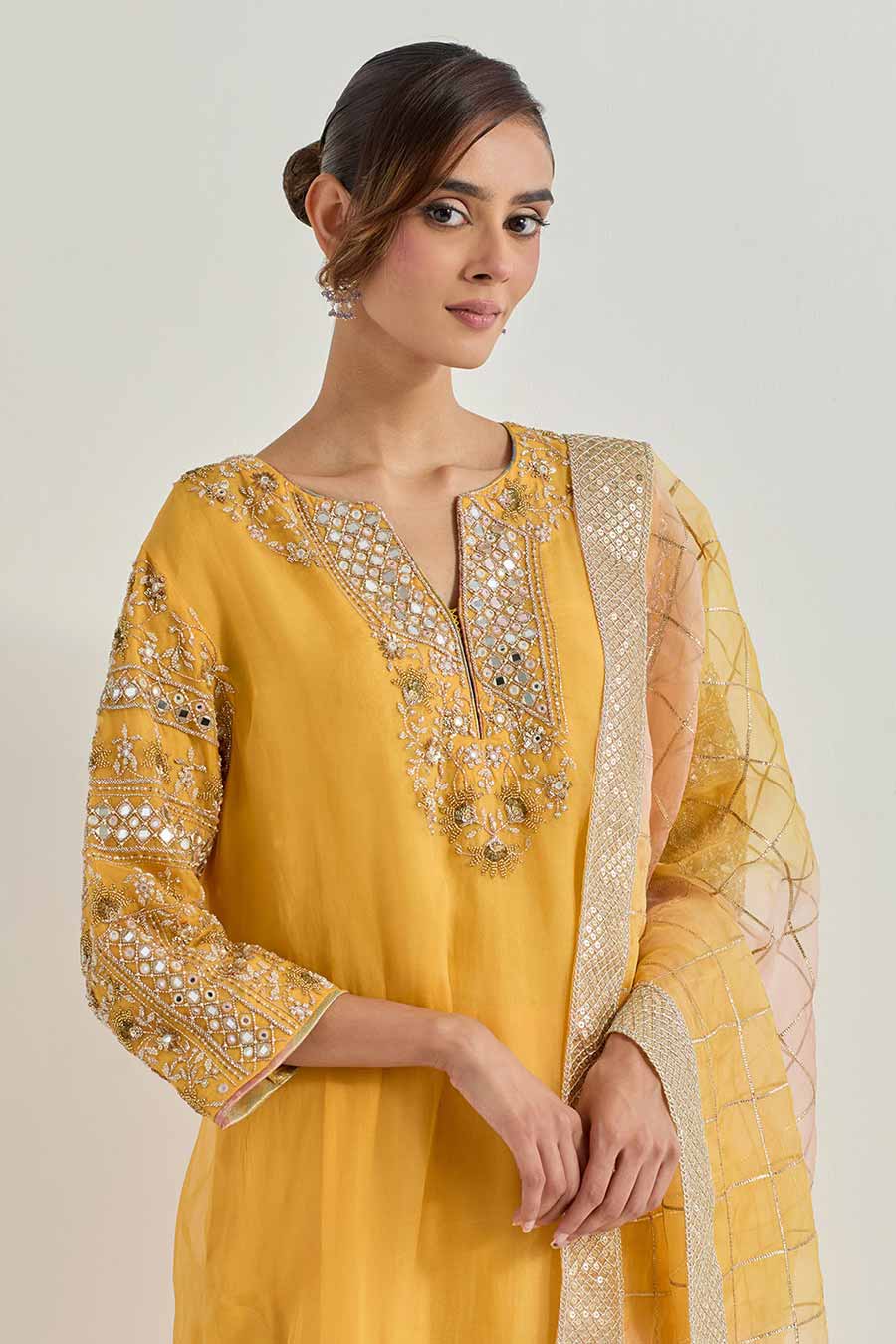 Raeth Yellow Organza Embellished Kurta Set