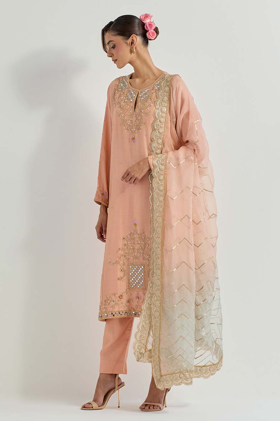 Raeth Peach Chanderi Silk Embellished Kurta Set