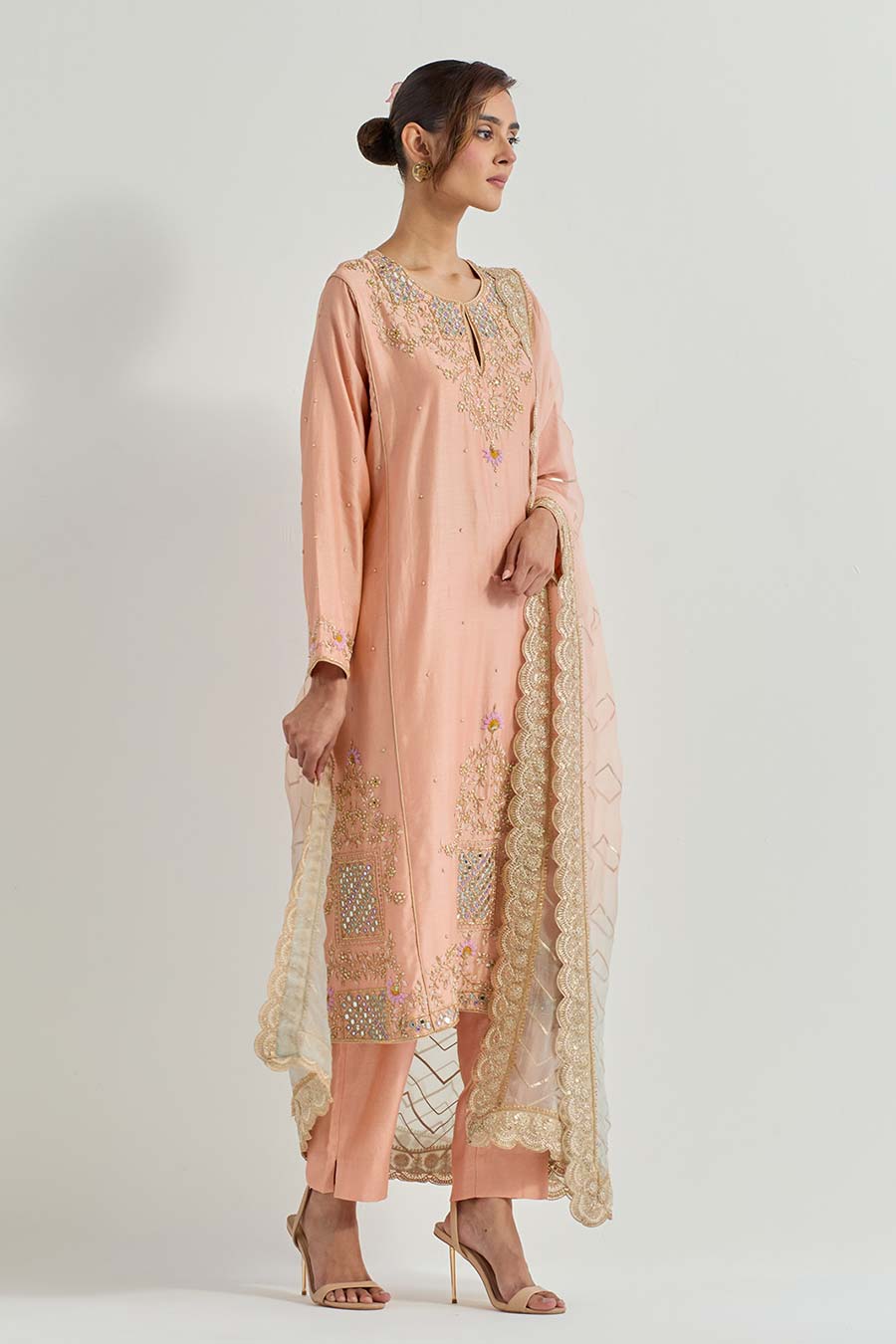 Raeth Peach Chanderi Silk Embellished Kurta Set